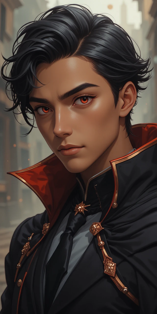 Príncipe demônico de anime com olhos vermelhos e elegante casaco escuro