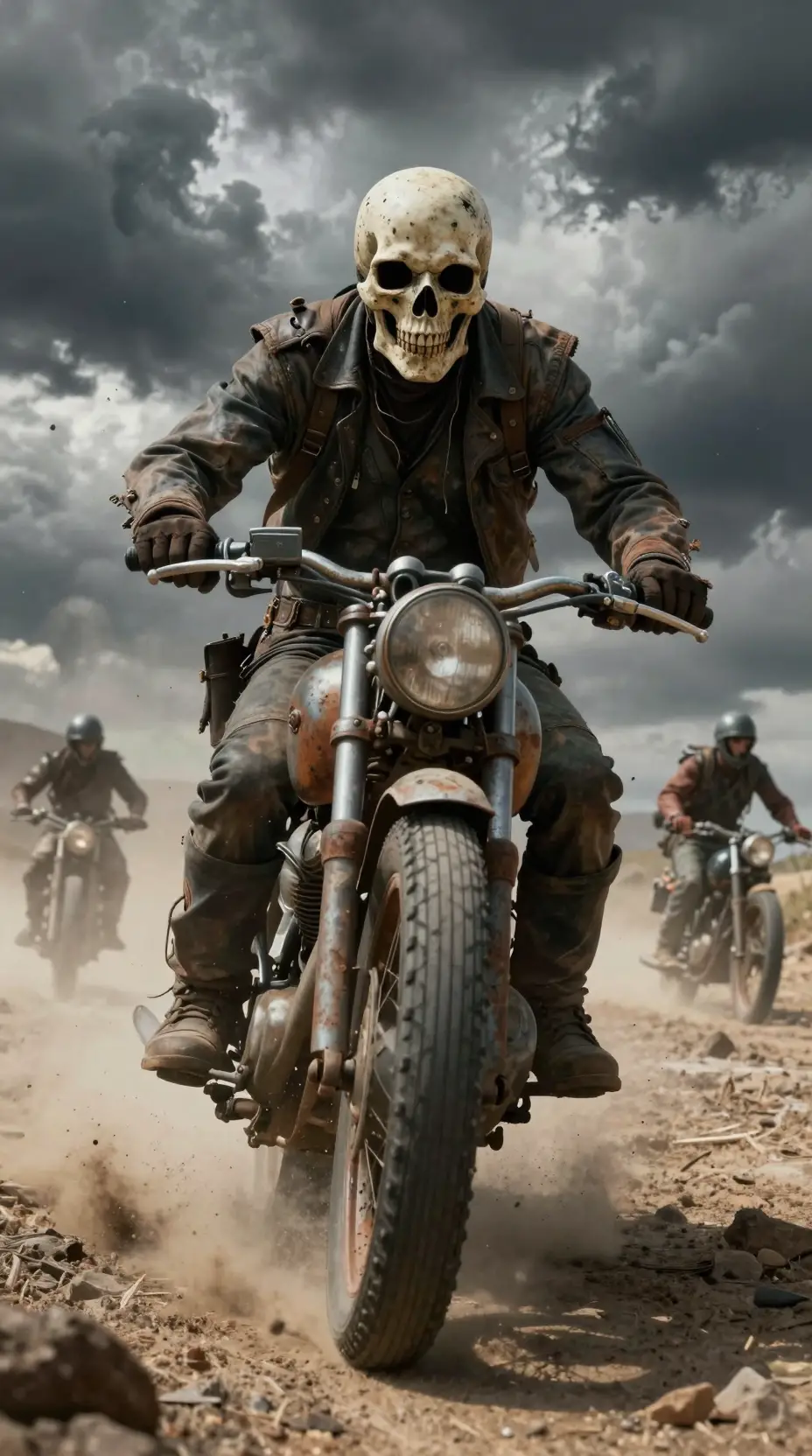 Postapokalyptischer Biker, der durch eine staubige Ödnis rast