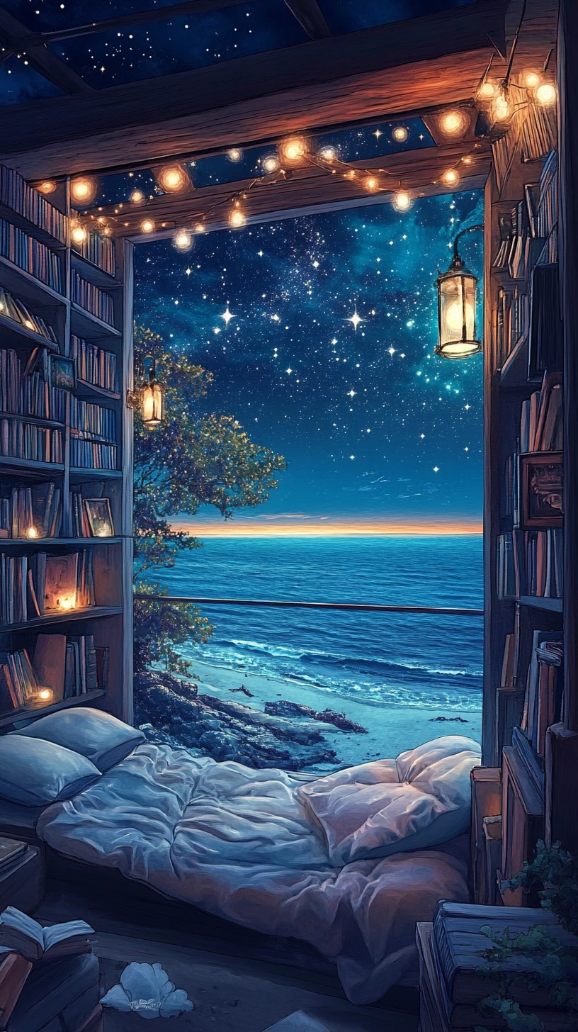 Bibliothèque de balcon douillette surplombant une nuit étoilée au bord de la mer