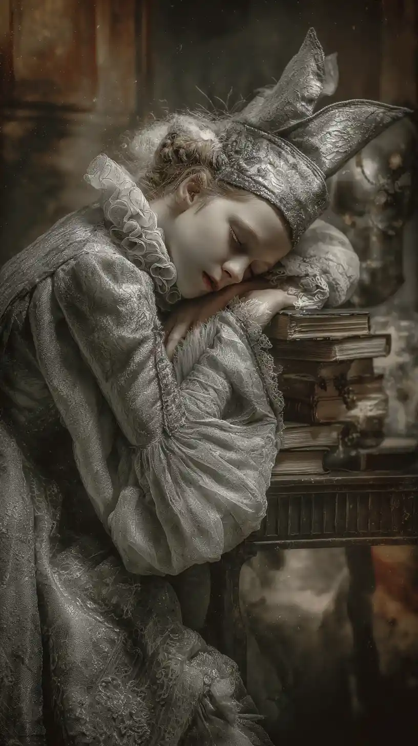 Surreal mermaid and figures in a drowned eerie library