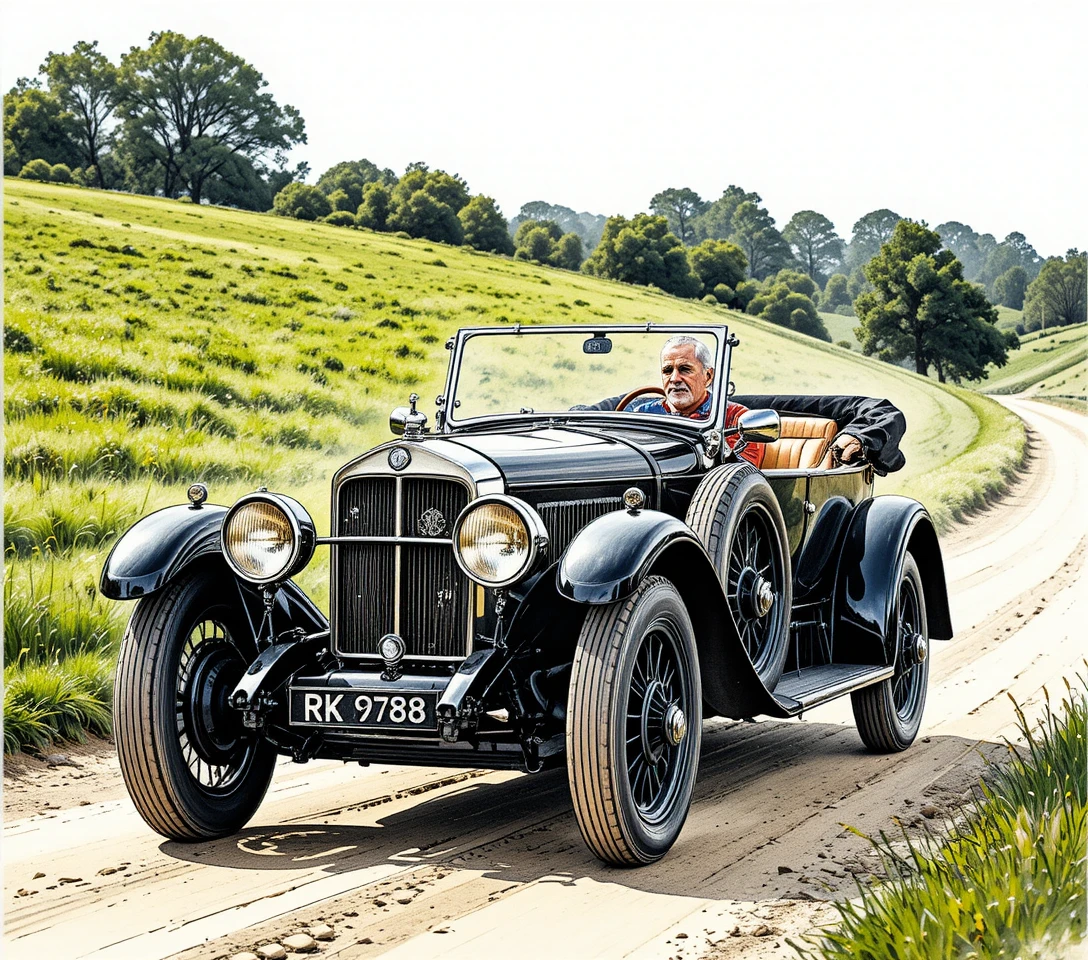 Auto da turismo d’epoca su strada di campagna polverosa al tramonto