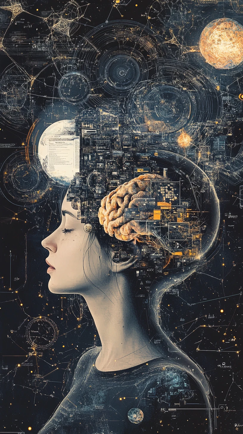 Mente mecánica surreal que forma a una mujer en ilusión óptica