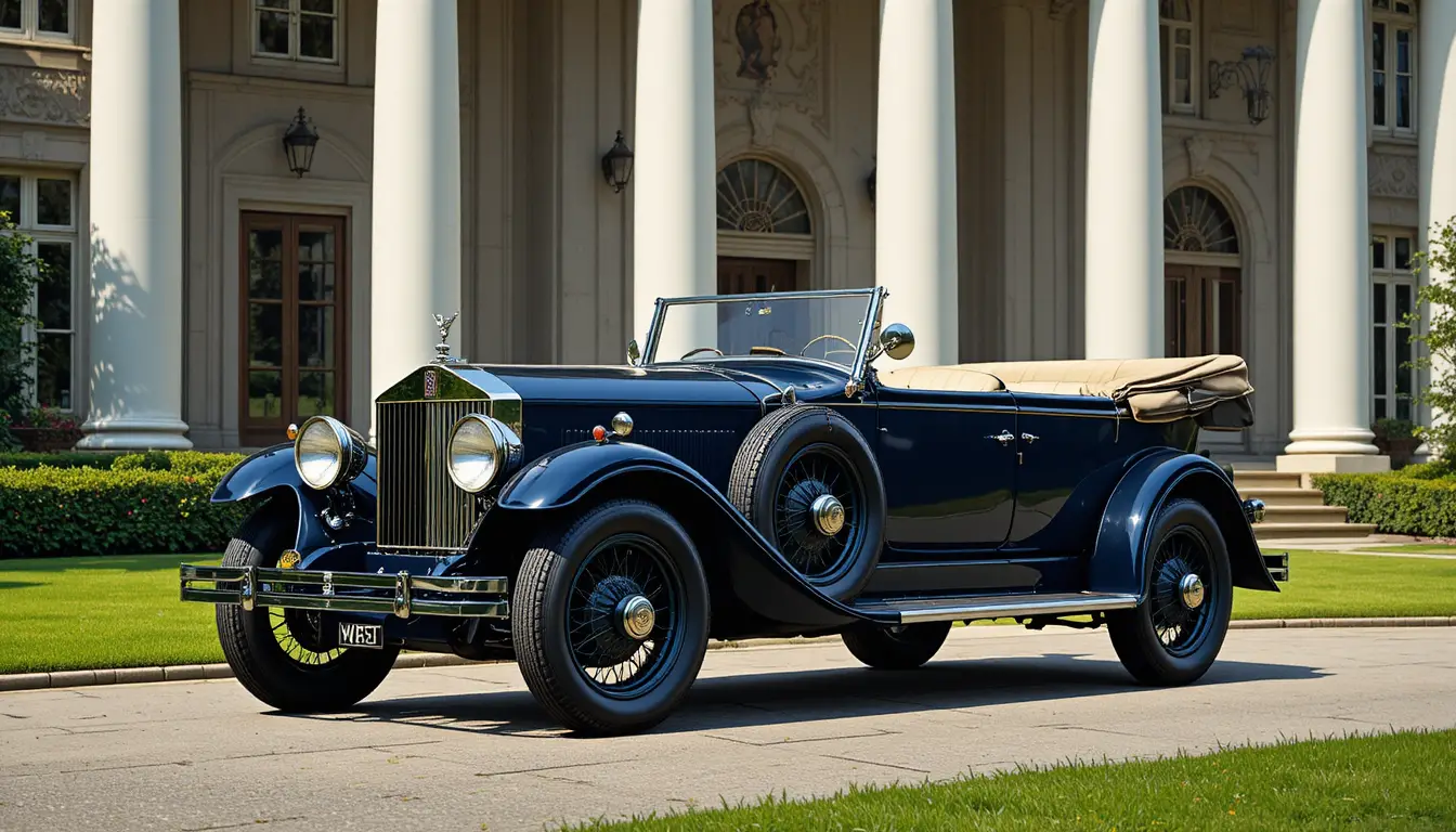 Vintage navy touring car before grand columned mansion