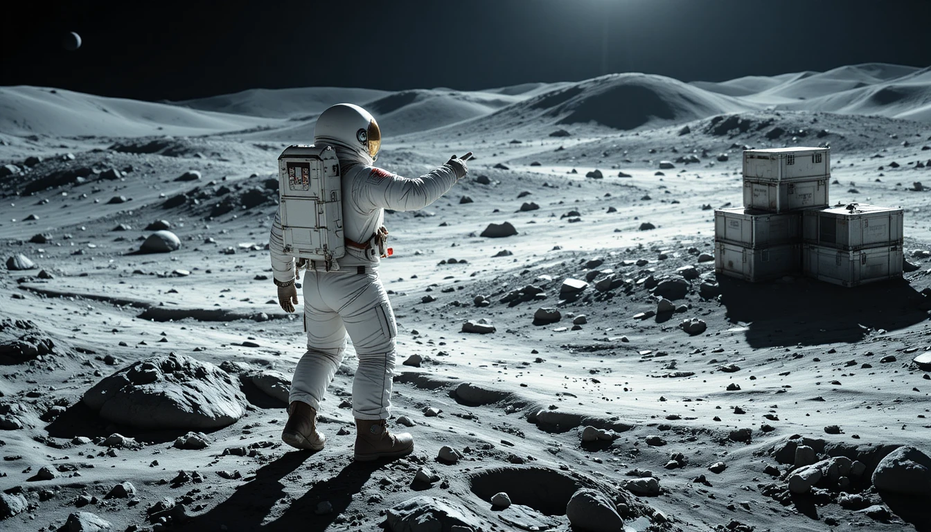 Astronaut zeigt über eine trostlose Mondlandschaft