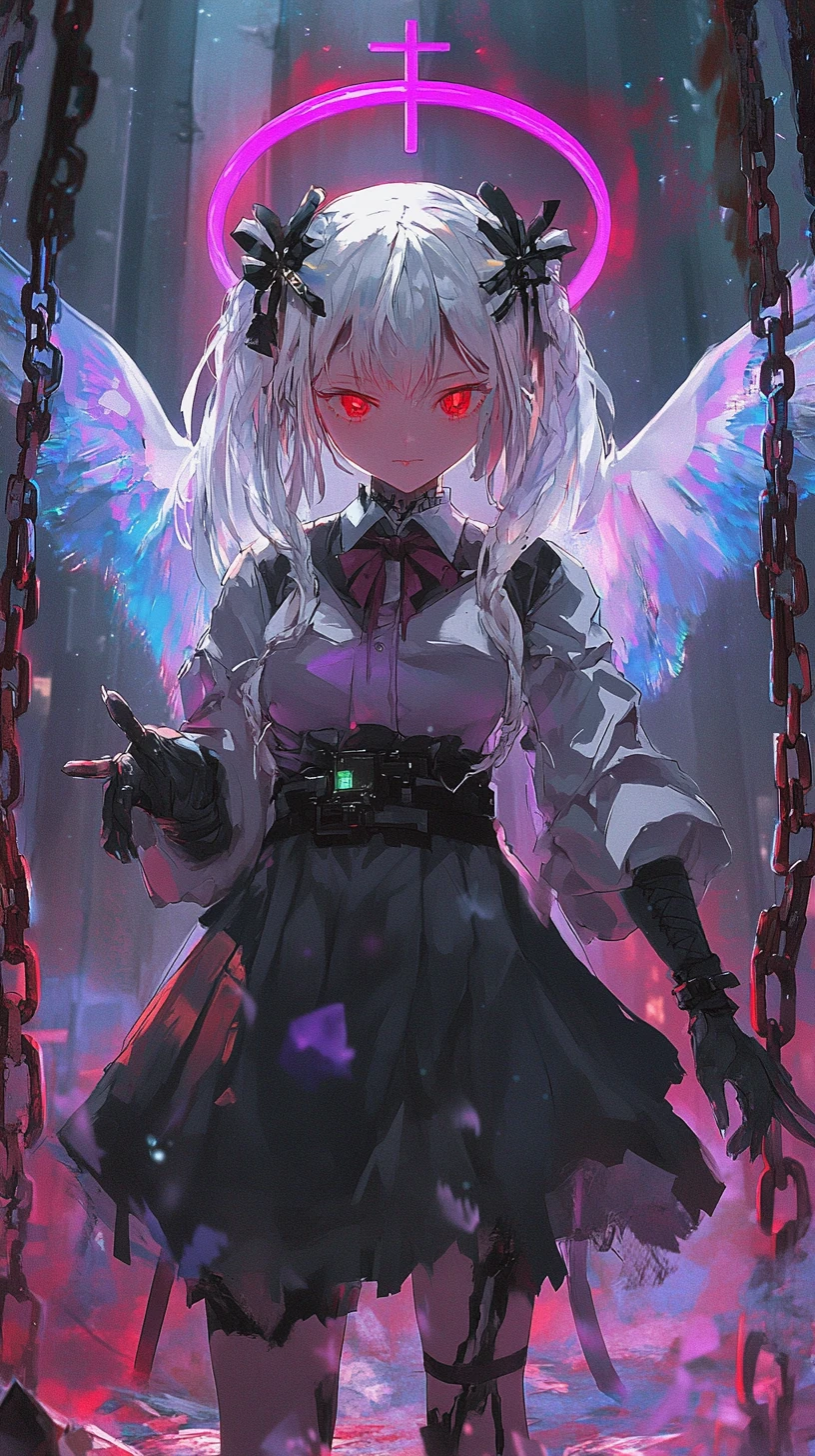 Garota de anime séria com lança de auréolas e asas etéreas