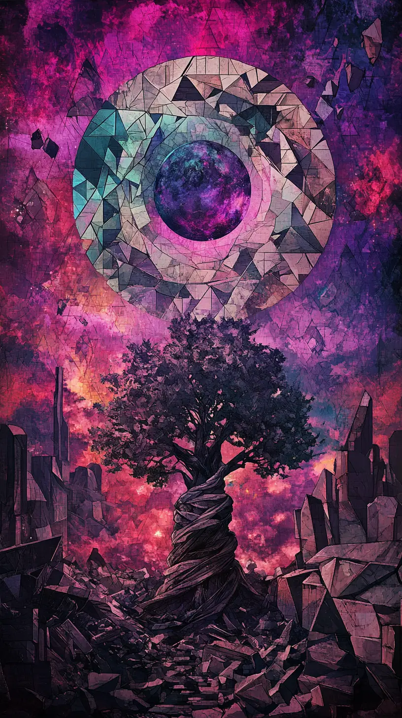 Surreal anime world of colorful triangular mosaic landscape