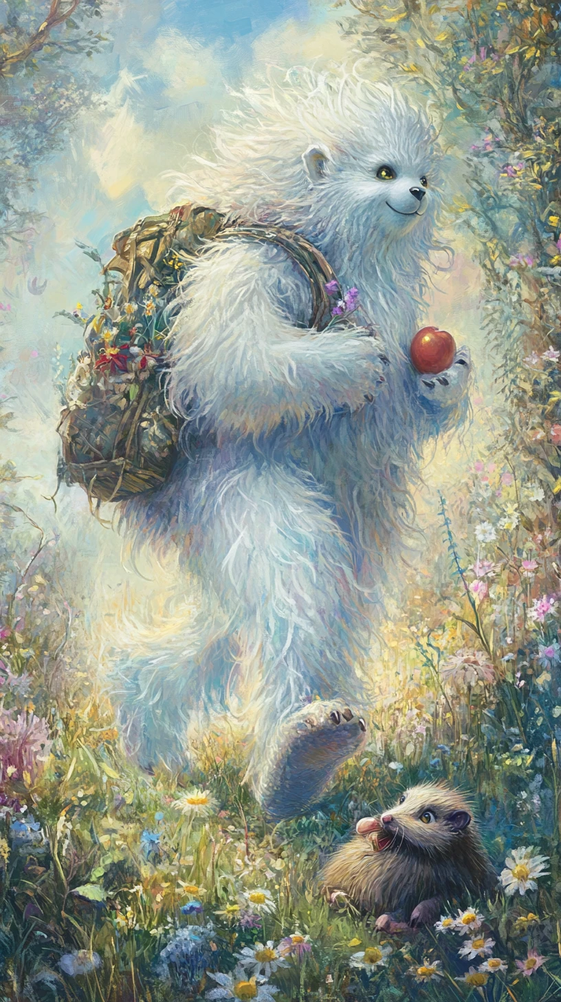 Yeti alegre saltando por um prado ensolarado de flores silvestres