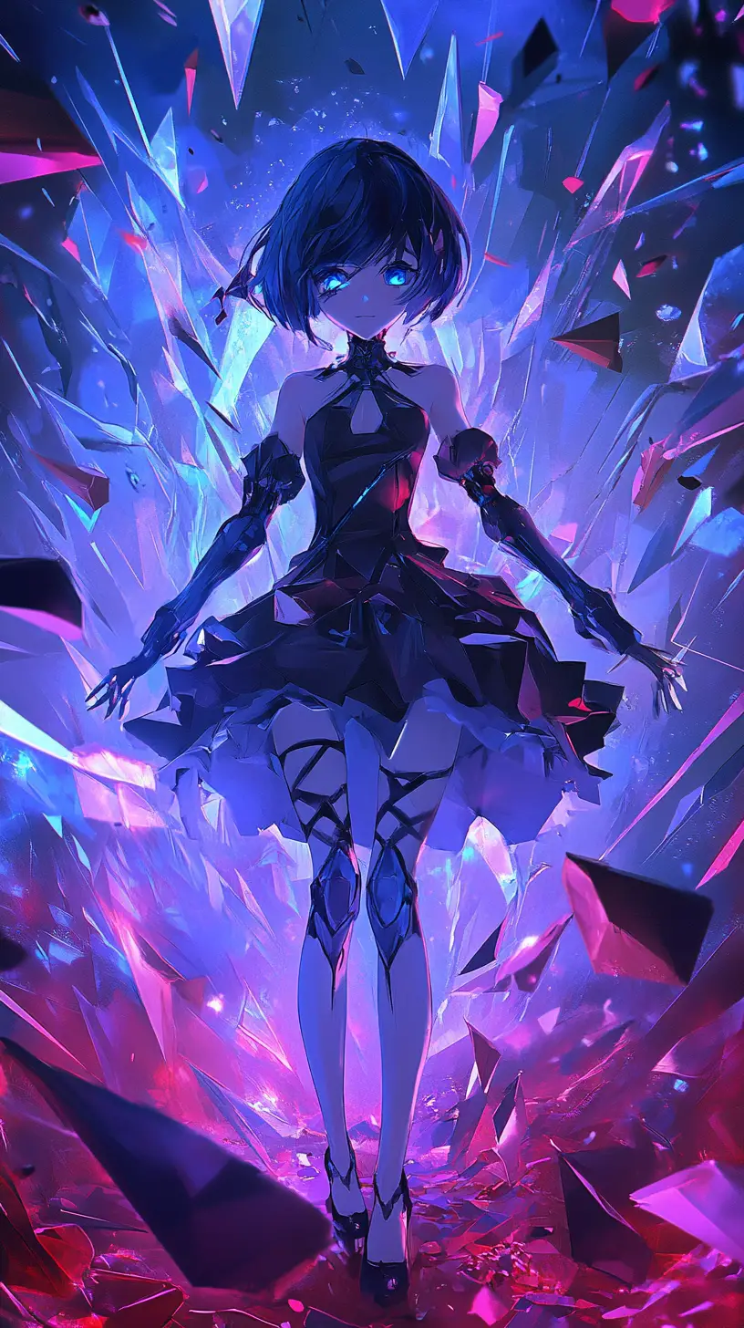 Fille d’anime au-dessus d’un monde fracturé de triangles violets et rouges