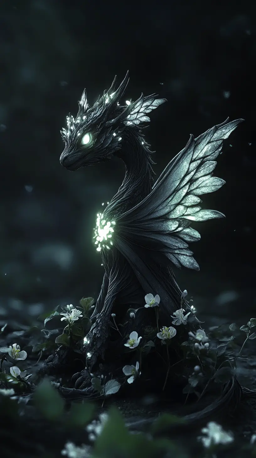 Small eyeless dragon with glowing chest and flowered spine