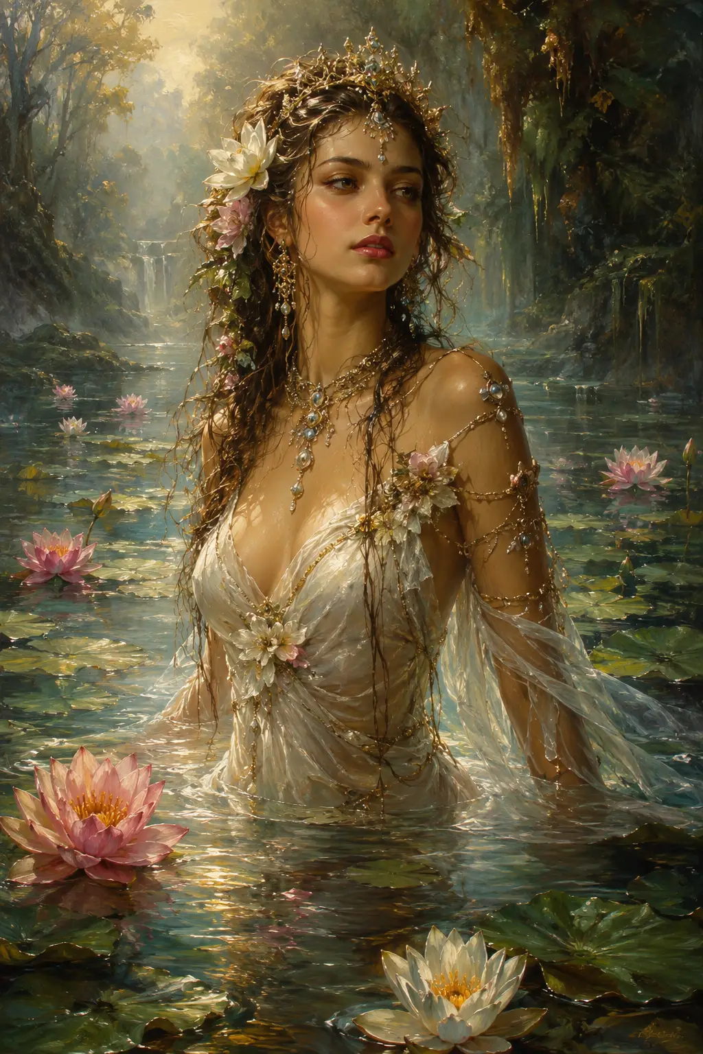 白色禮服水塘女王與睡蓮的高雅身影