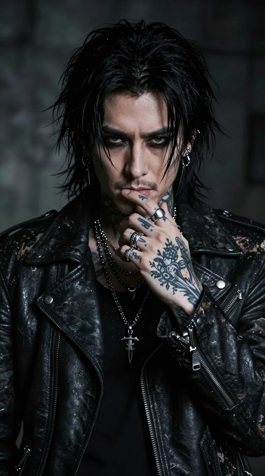 Retrato de músico de rock sombrio com tatuagens e jaqueta de couro