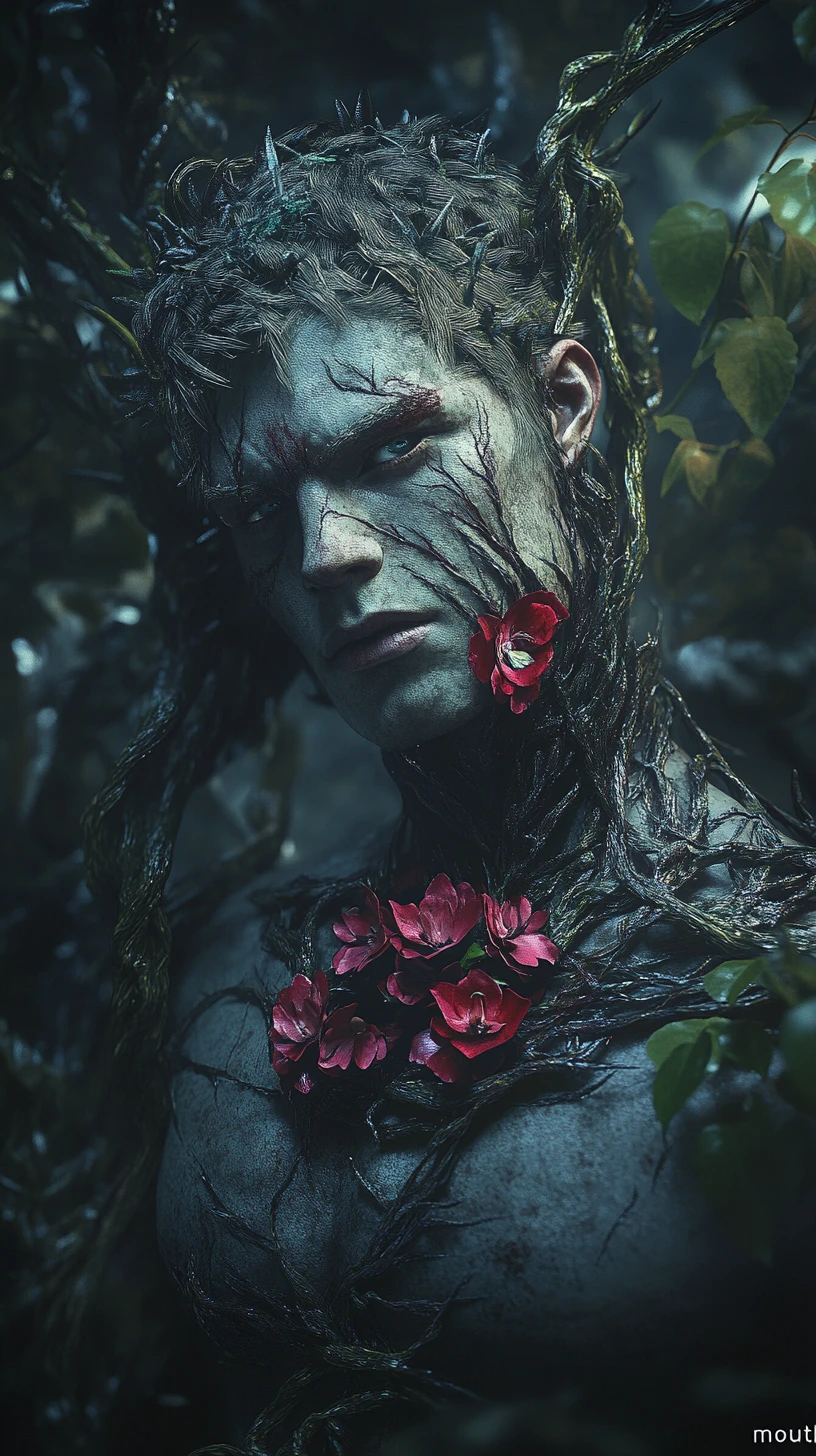 Silhouette masculine élégante dans une forêt sombre au torse fleuri