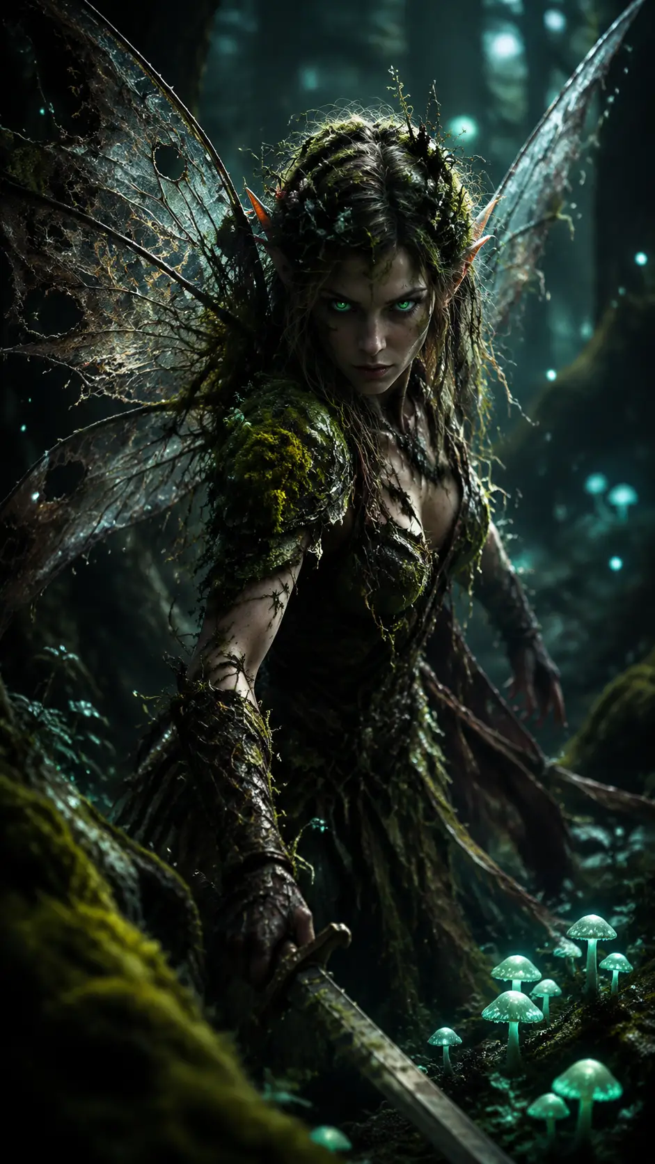 Fairy warrior emerging in an enchanted moss covered forest