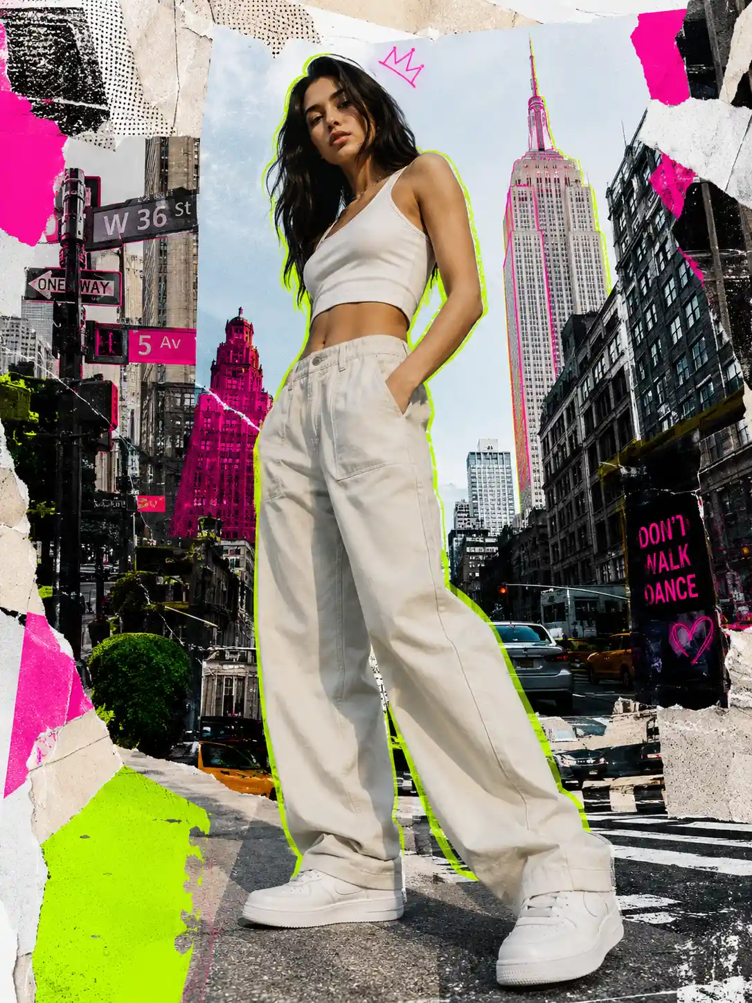 Confident young woman in urban mixed media fashion collage