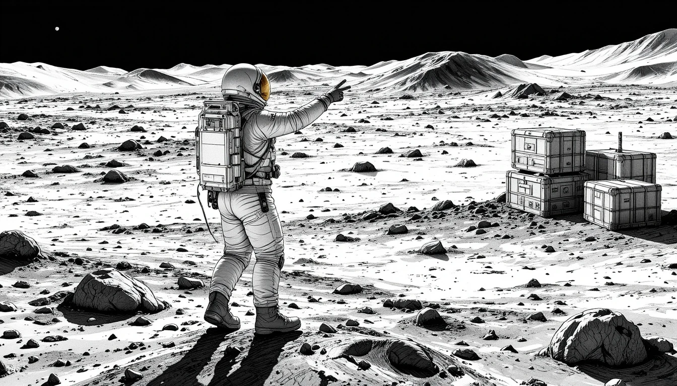 Astronaut zeigt über eine trostlose Mondlandschaft
