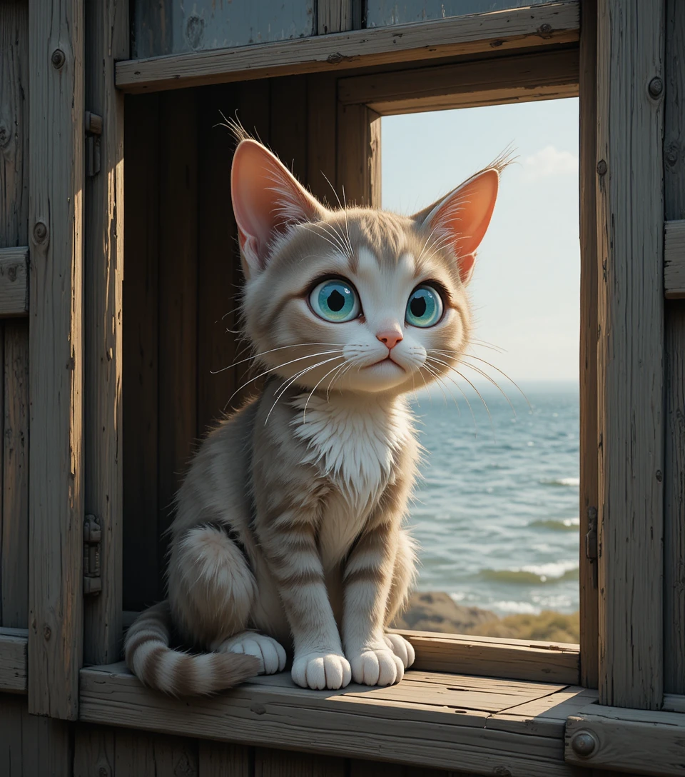 Gattino cartoon sul davanzale del cottage rivolto verso il mare grigio