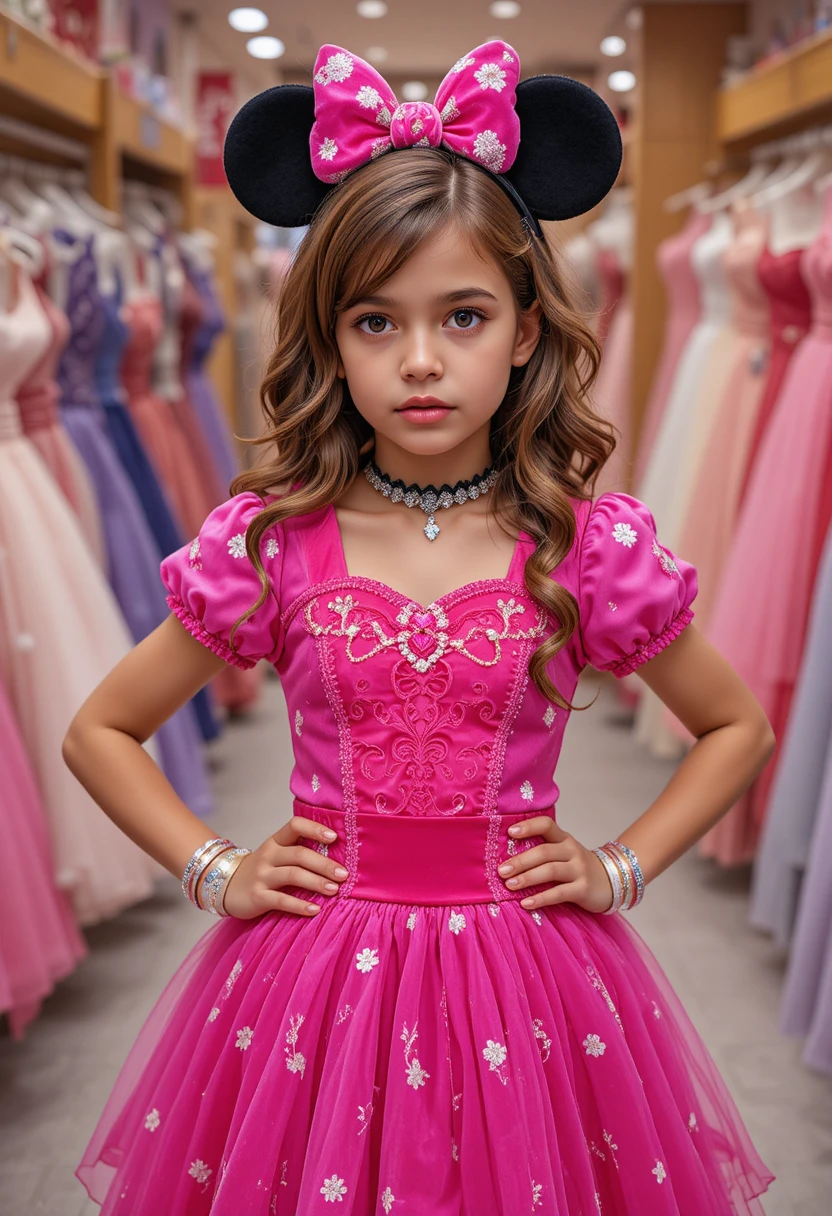Menino jovem em vestido rosa da Minnie posando com relutância
