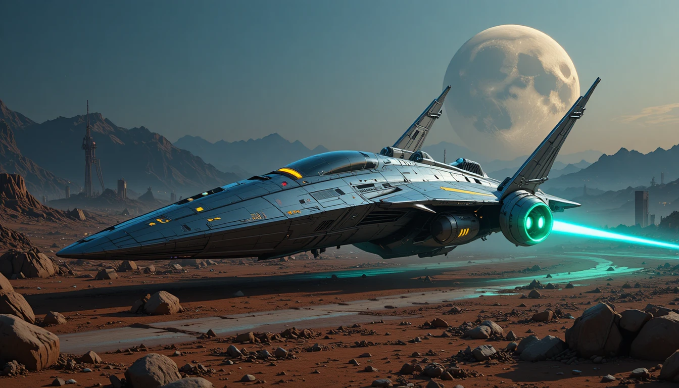 Nave espacial metálica futurista sobre um mundo alienígena desolado