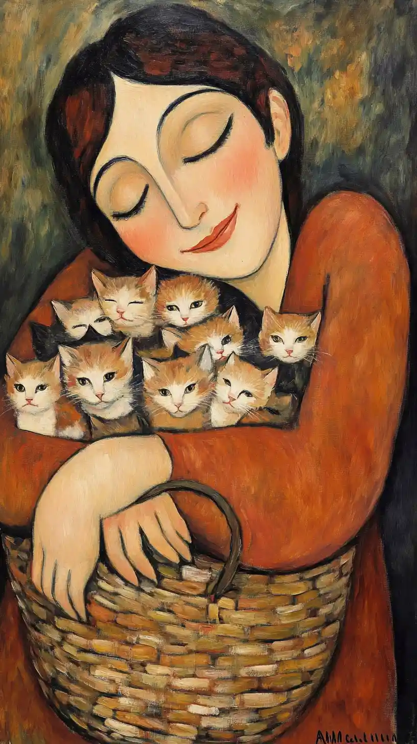 Elongated painting of a smiling woman holding a basket of kittens