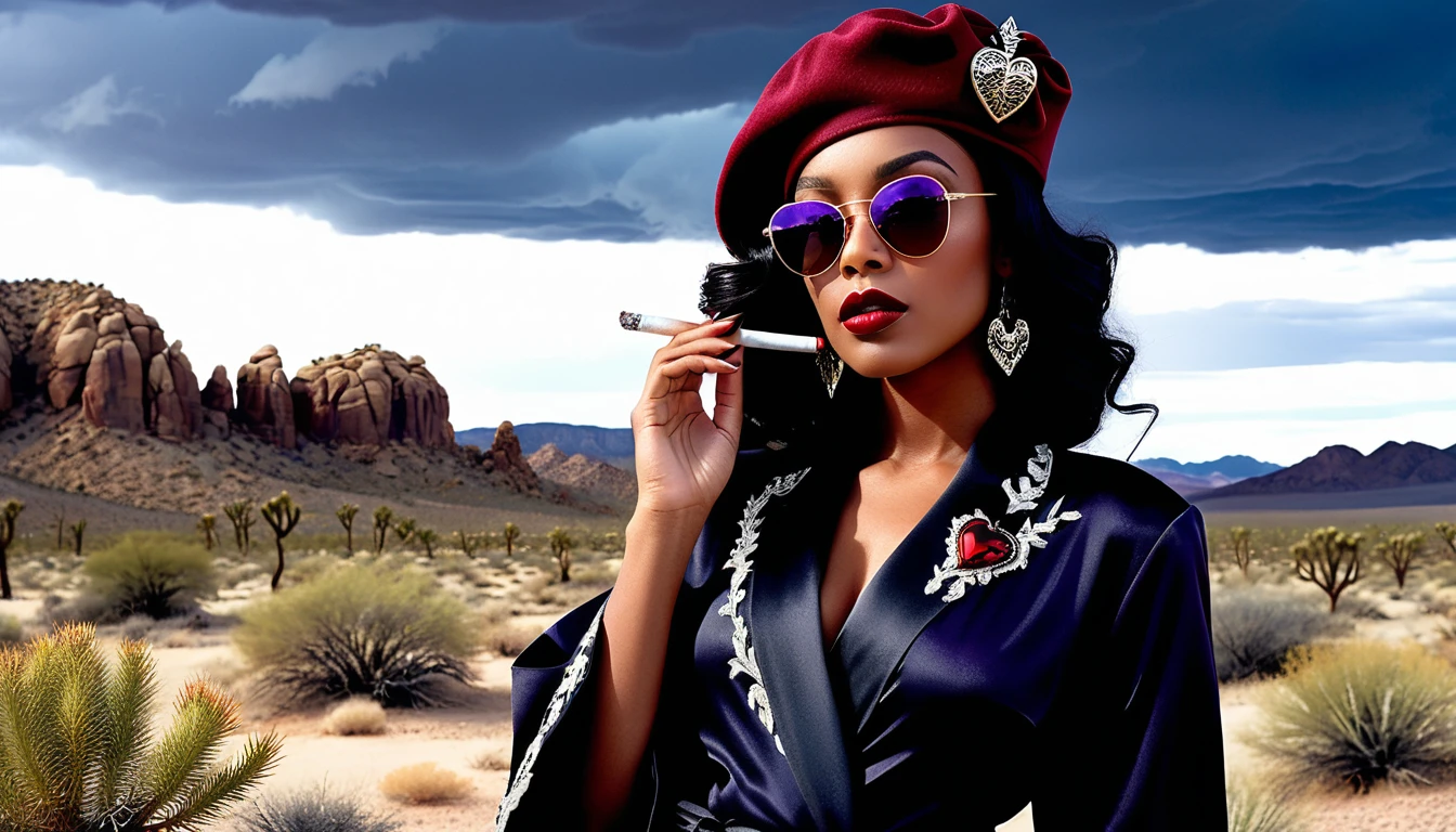 Donna elegante che fuma in un deserto gotico – illustrazione