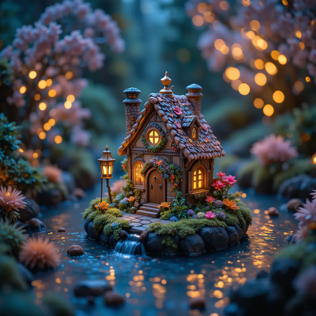 Piccola casa delle fate che galleggia sull’acqua in un mondo in miniatura