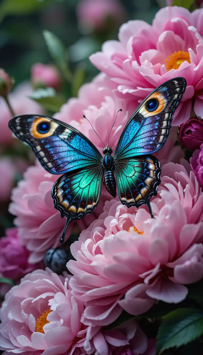 Macro butterfly on blooming peonies in soft focus