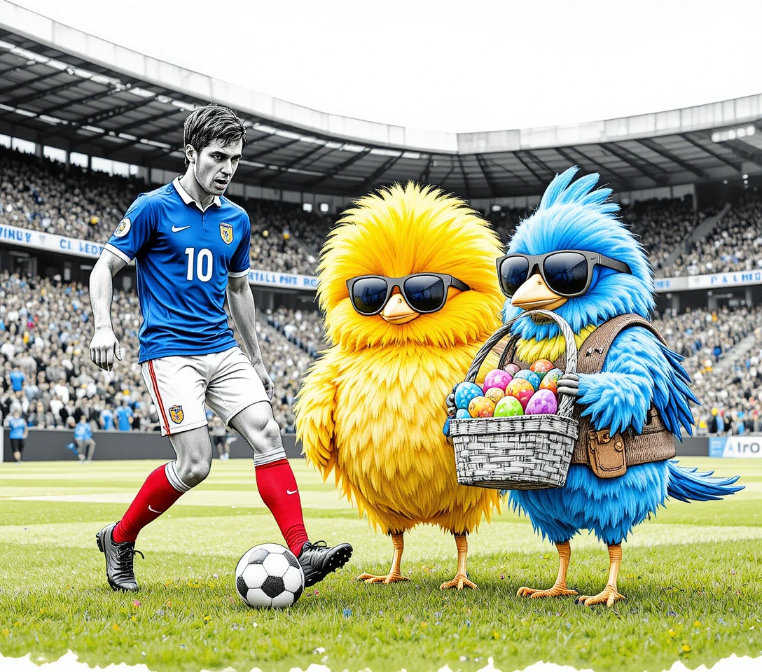 フィールドにいるフランス人サッカー選手とカートゥーンの鳥たち