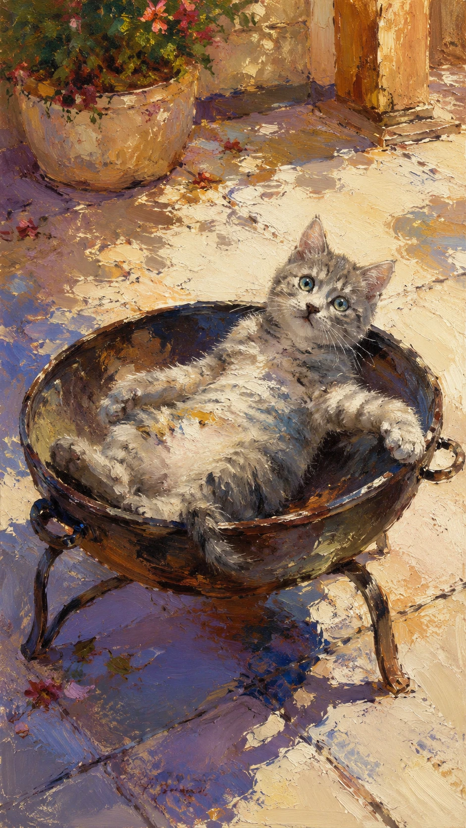 Gato relaxado descansando dentro de um braseiro em cores vivas a óleo
