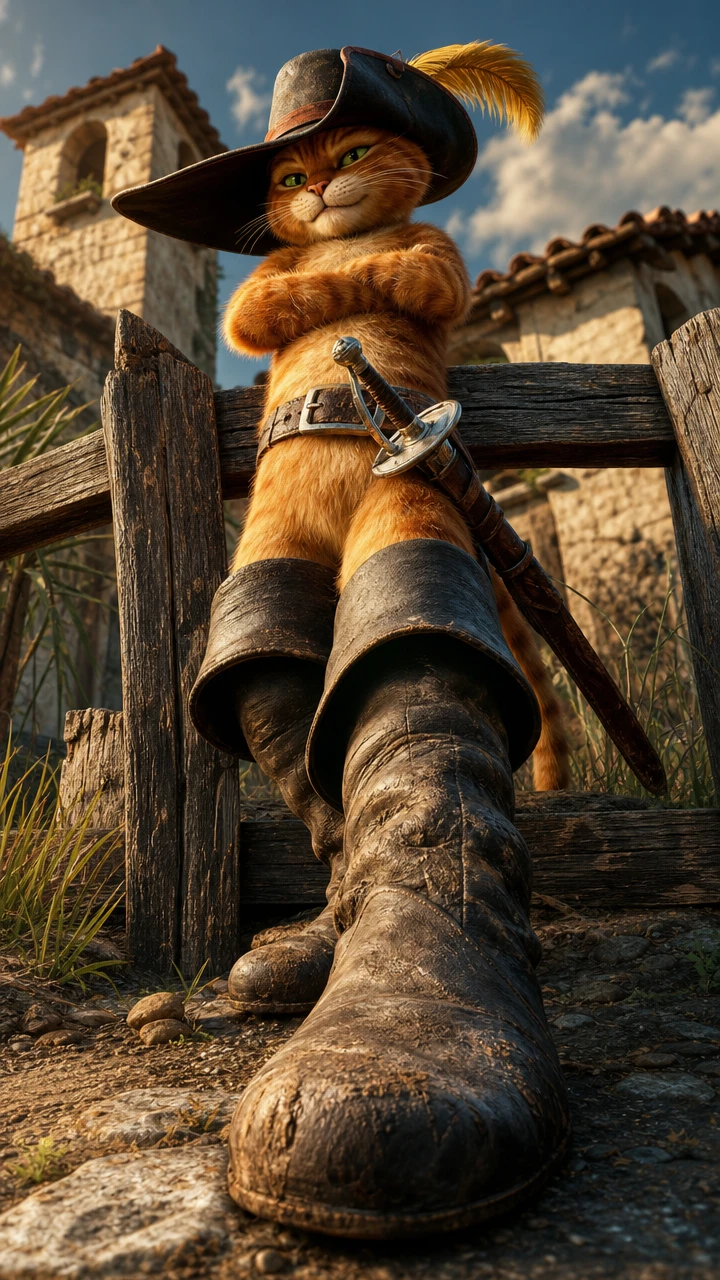 Gato de botas em ângulo baixo em campo medieval