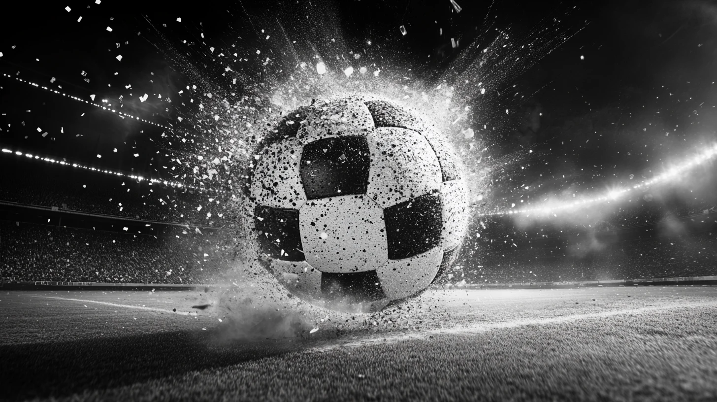 Gigantesco pallone da calcio che si apre su un campo di stadio surreale in collasso