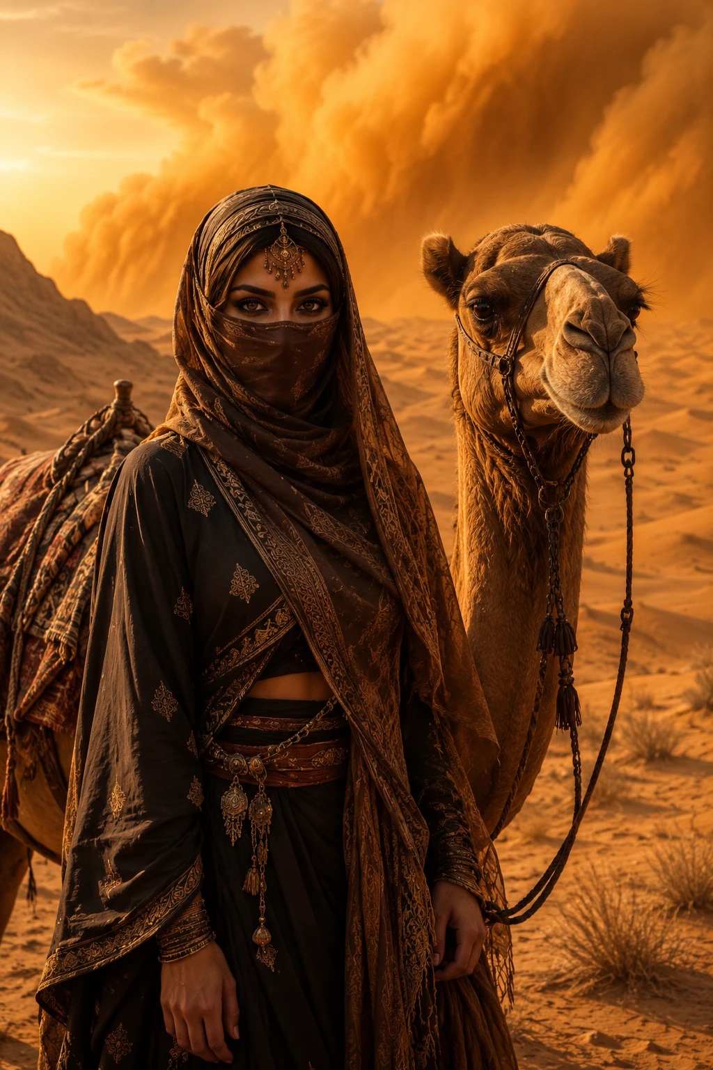 Mulher do deserto velada com camelo no brilho quente da tempestade de areia