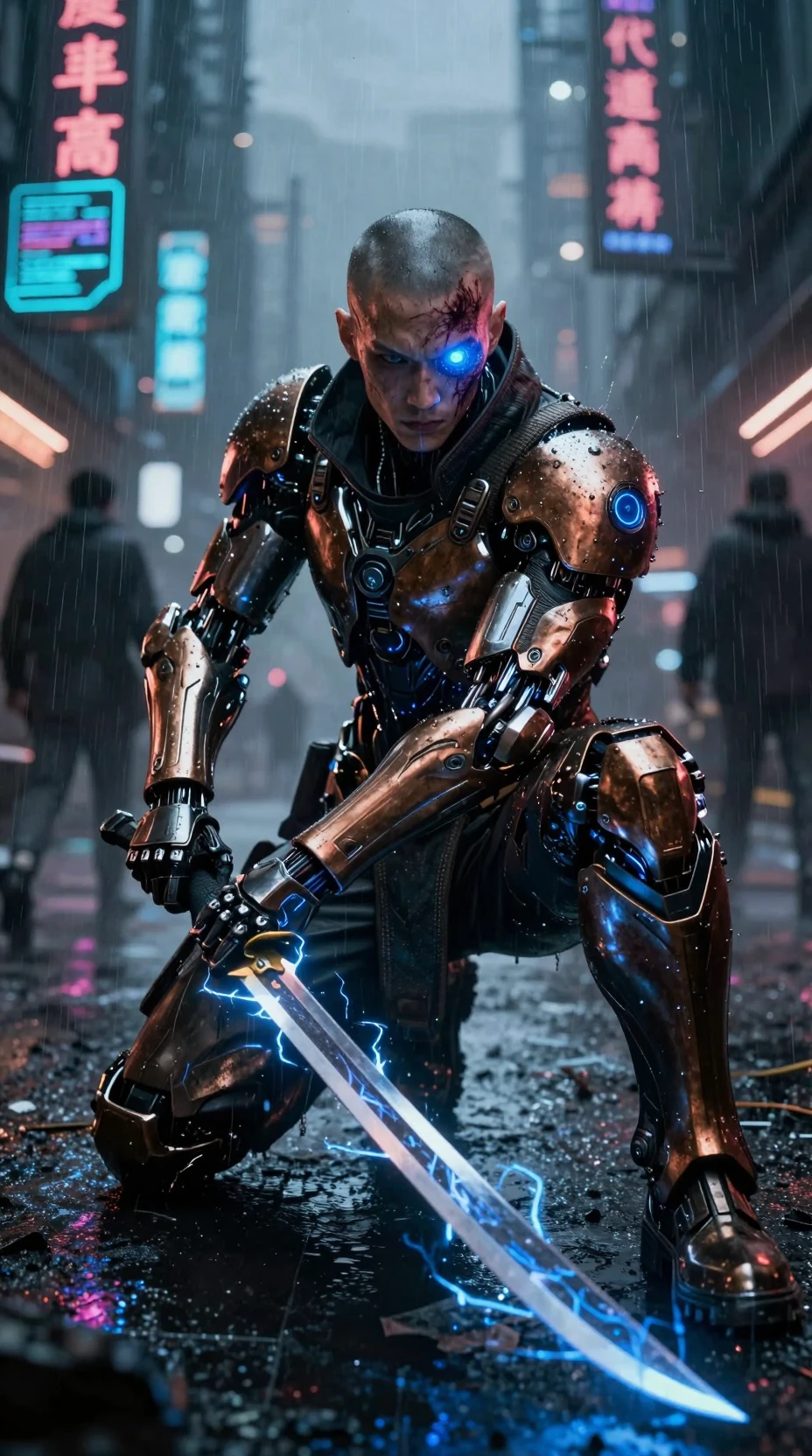Guerrero cyberpunk arrodillado en calle lluviosa iluminada por neón