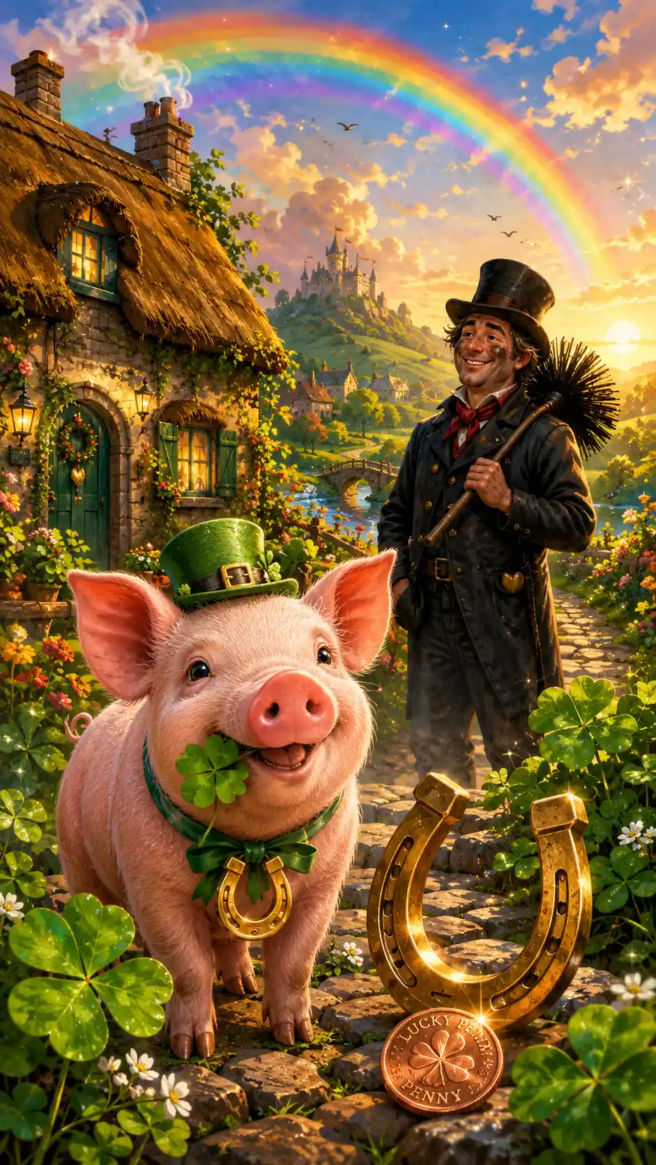 Colorful fantasy scene with traditional good luck symbols