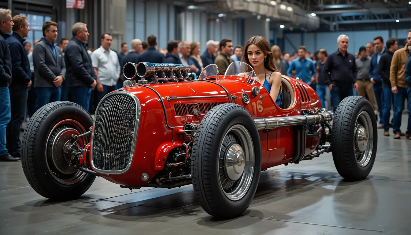 Vintage race car with glamorous woman at indoor event