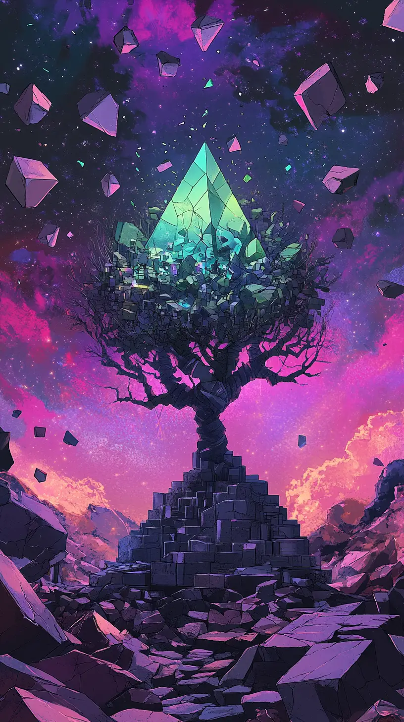 Monde surréaliste en mosaïque de triangles avec ruines flottantes