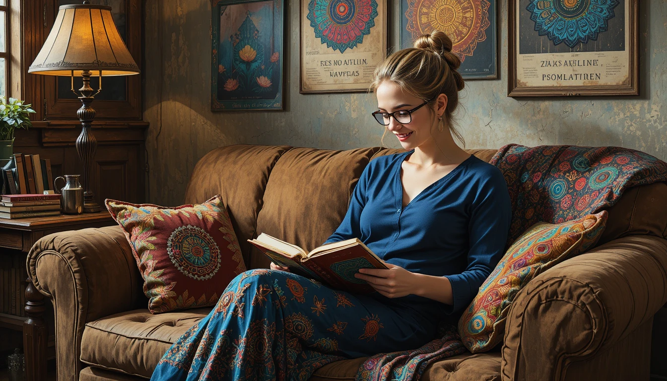 Frau färbt ein Mandala-Notizbuch auf einem gemütlichen Vintage-Sofa aus