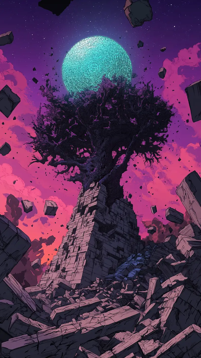 Monde Surréaliste en Mosaïque de Triangles aux Tons Vifs de Violet et de Rouge