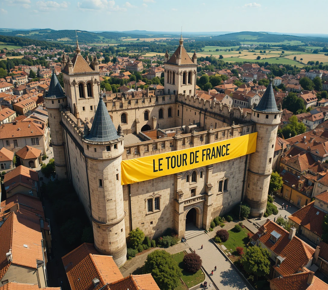 Vista aérea de um castelo medieval sobre uma cidade europeia