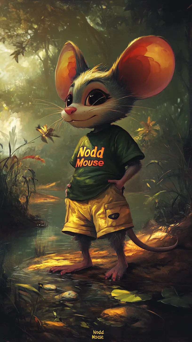 Anthropomorphe Maus, die durch eine farbenfrohe Außenlandschaft spaziert