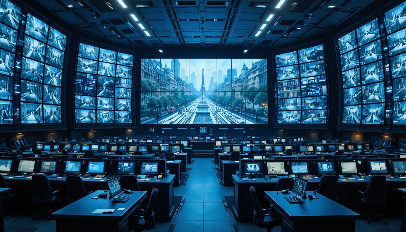 Imenso centro de controle futurista monitorando vigilância urbana em tempo real