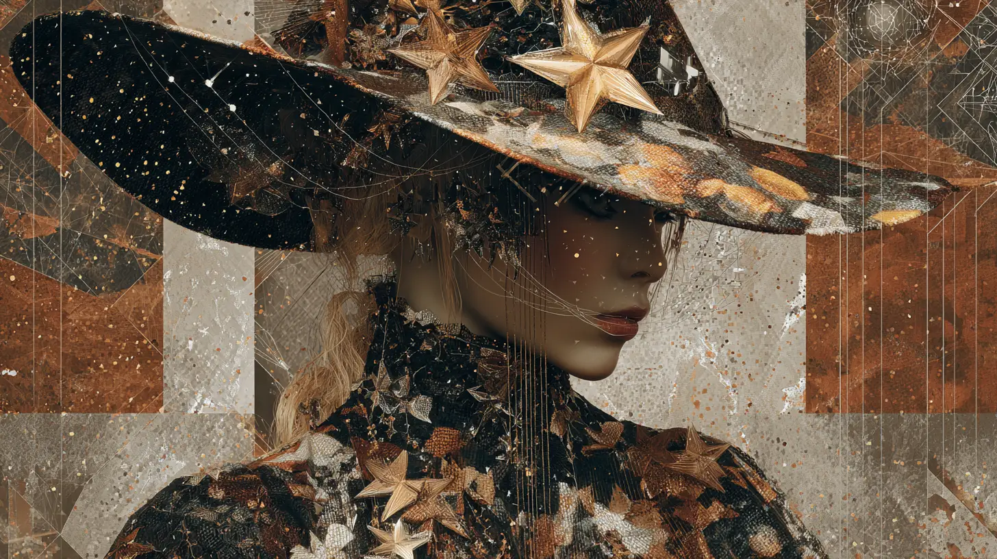 Stylized witch wearing a wide celestial hat in anime art