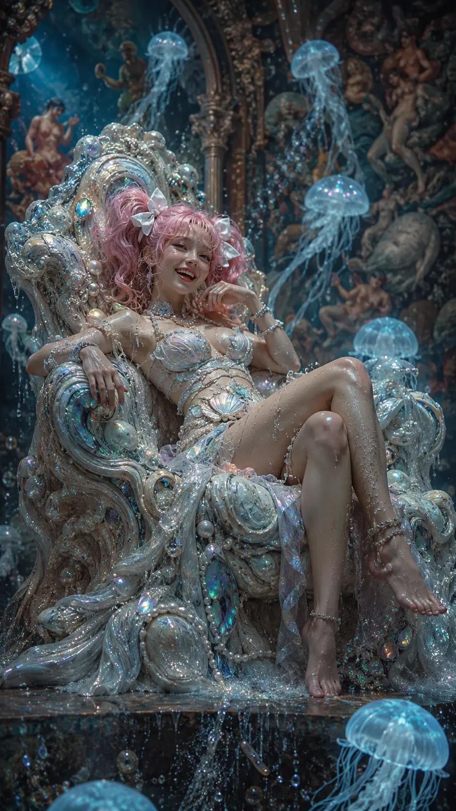 Verspielte Wassernymphen-Prinzessin auf einem schimmernden Wellenthron