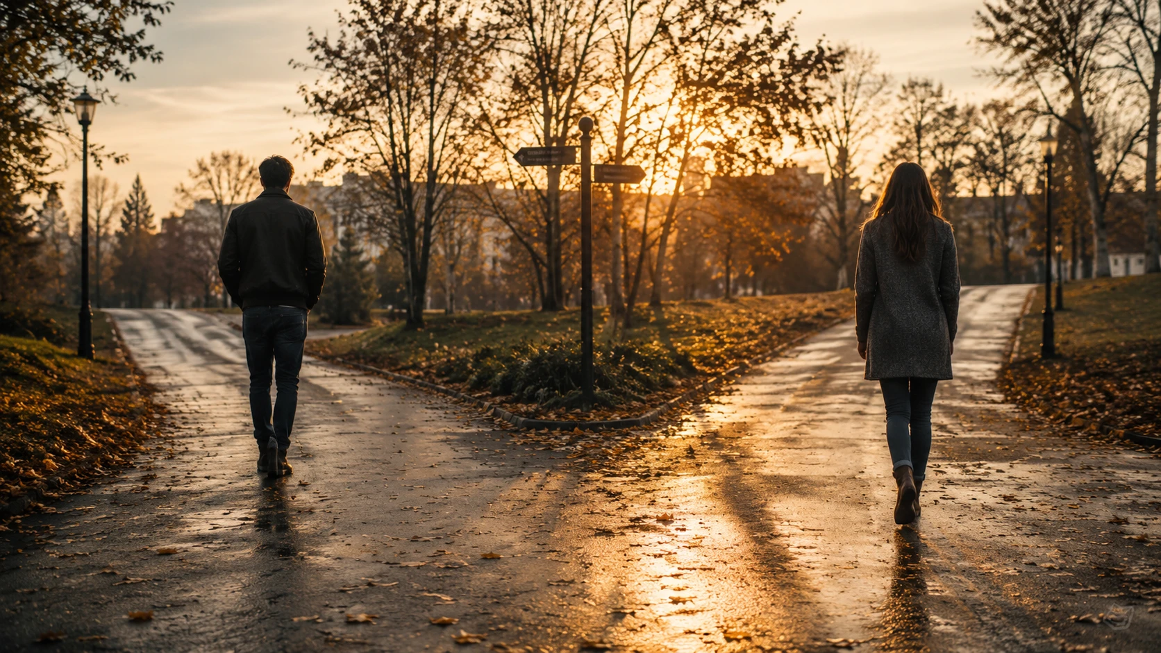 Casal caminhando separado em um cruzamento silencioso ao pôr do sol