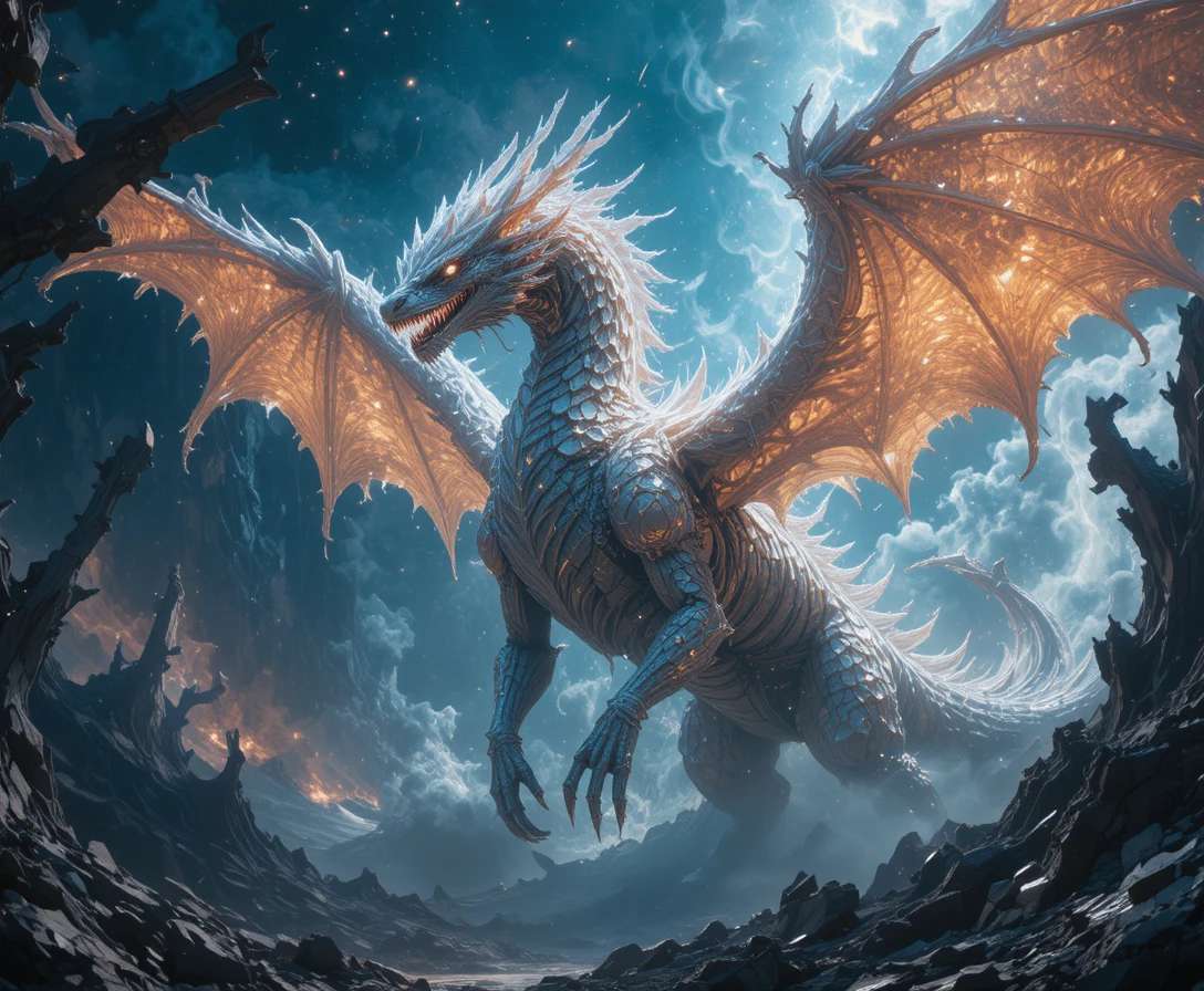 Dragão cósmico de cristal voando por uma nebulosa fraturada