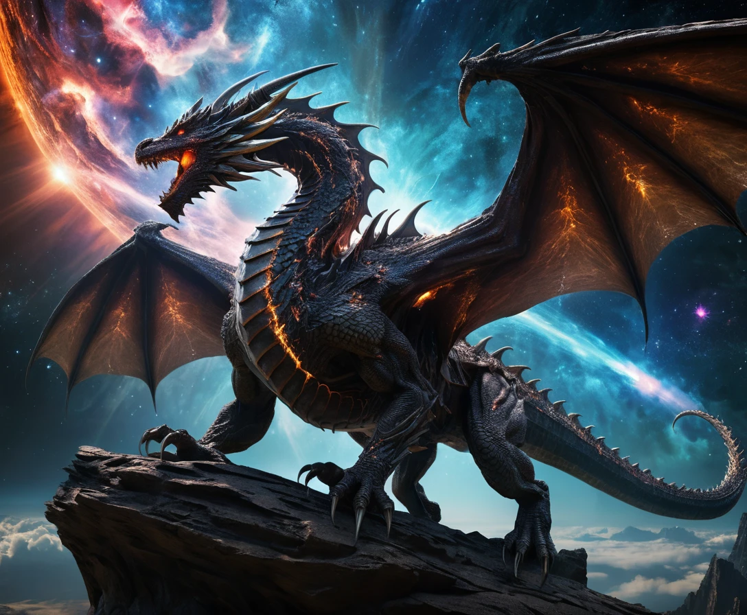 Kristallener kosmischer Drache, der durch eine zerbrochene Nebelwolke gleitet