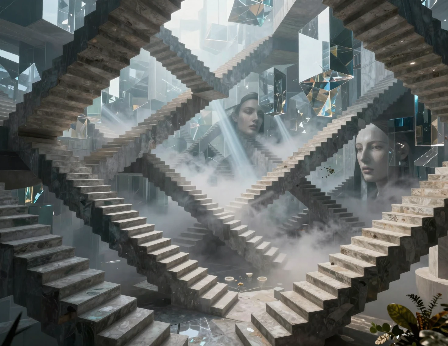 Architecture surréaliste impossible avec escaliers pliants et miroirs