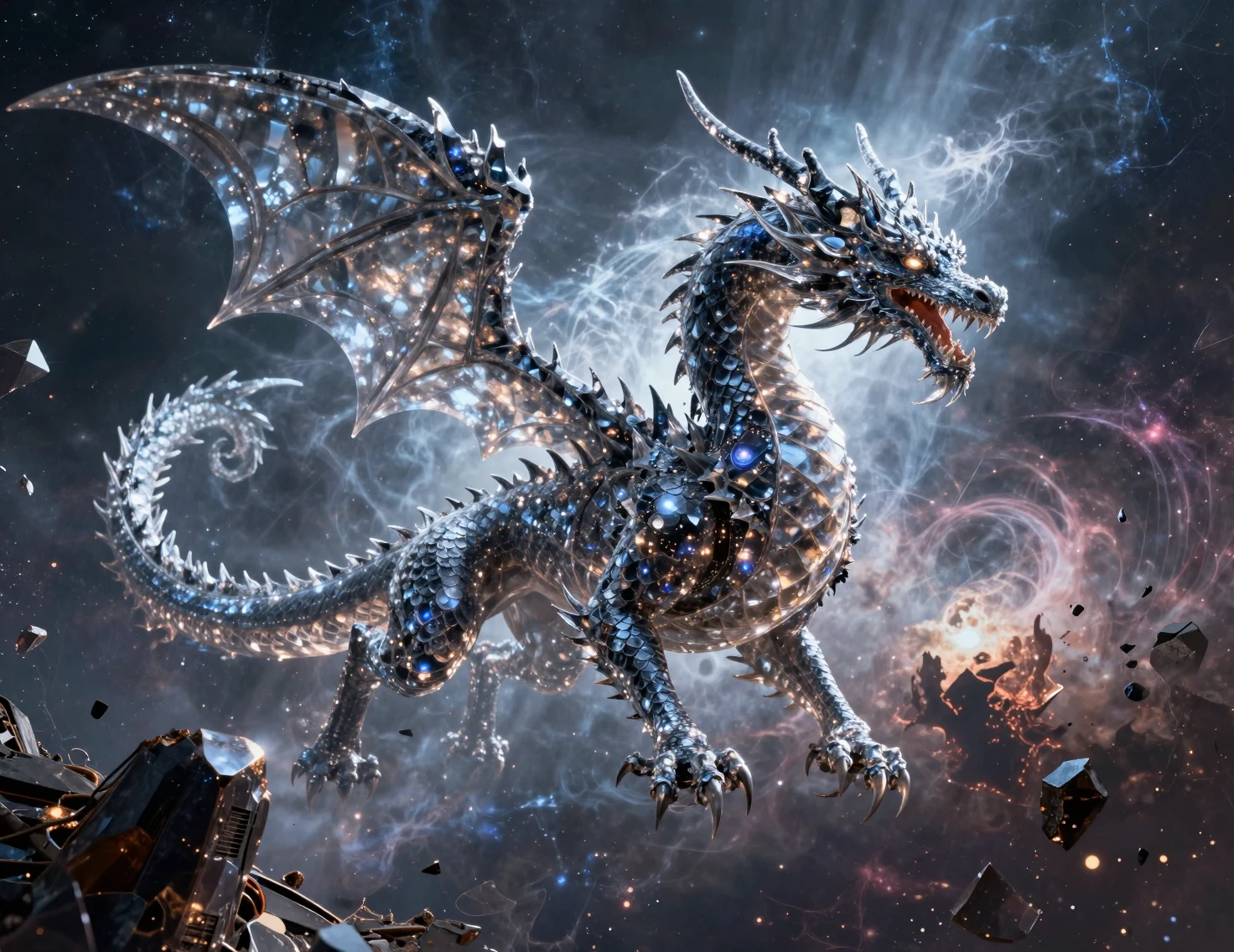 Dragão cósmico de cristal voando por uma nebulosa despedaçada