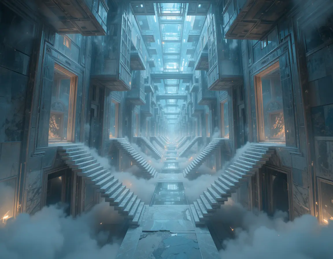 Surreal impossible architecture with folding stairs and mirrors