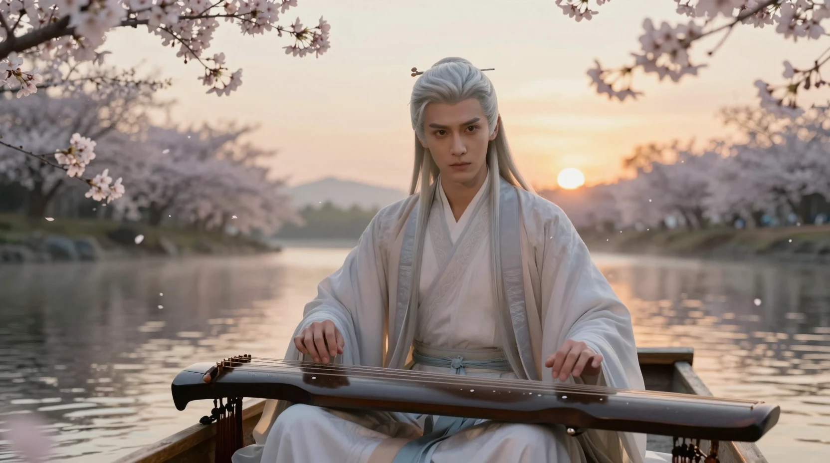 Homem atraente tocando guqin em um rio ao pôr do sol