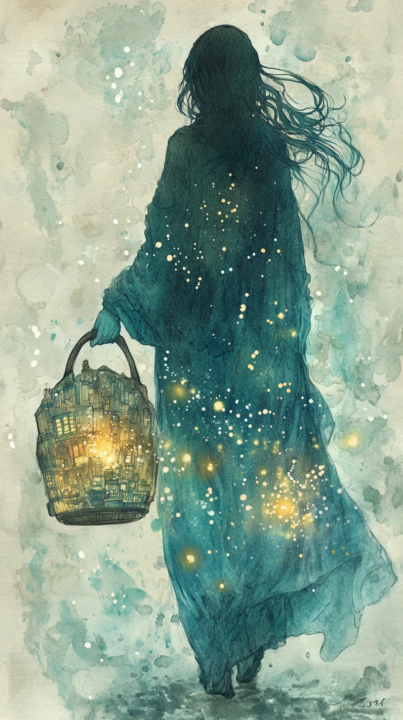 Figure mystique aux graines lumineuses remplies de mondes